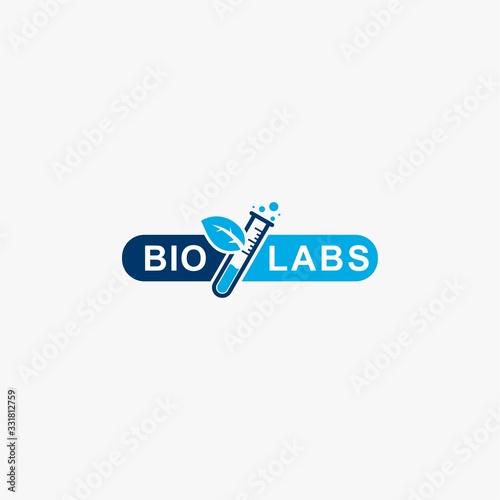 Lab logo design template. Laboratory illustration symbol. Measuring tube and leaf vector icon. 
