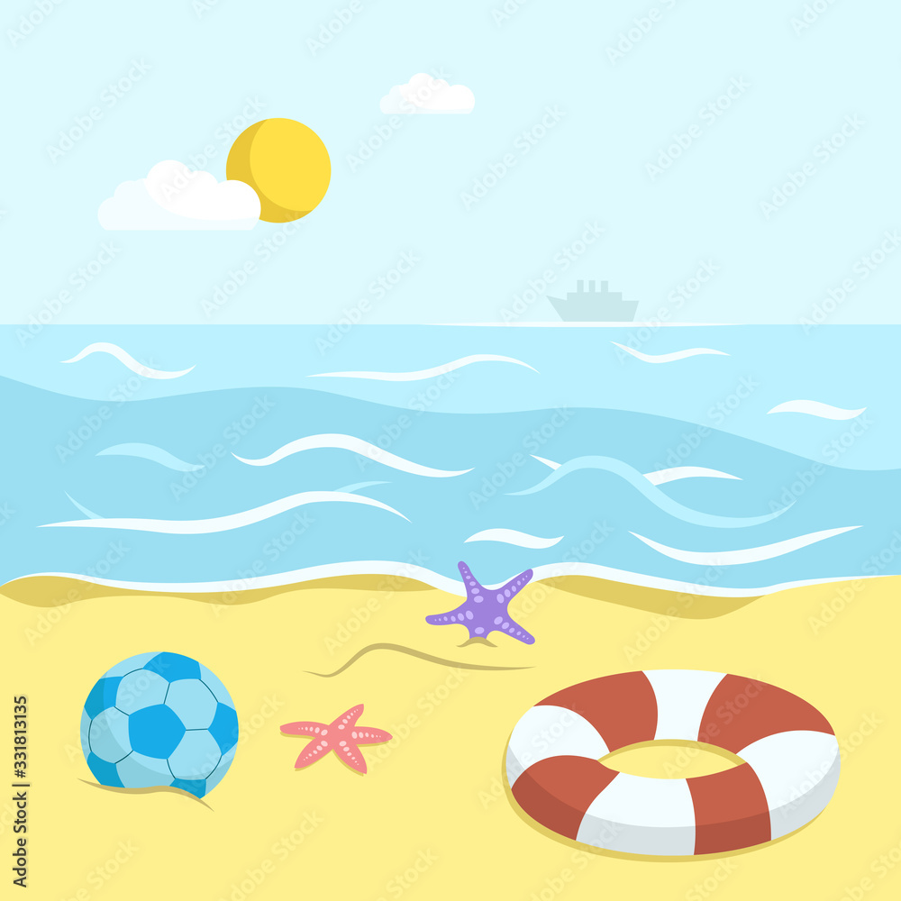 Beach and sea. Flat cartoon style vector illustration