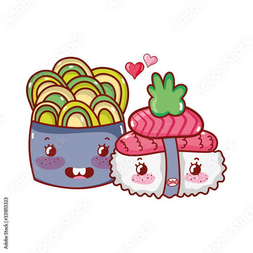 kawaii sushi and salad salmon wasabi food japanese cartoon, sushi and rolls