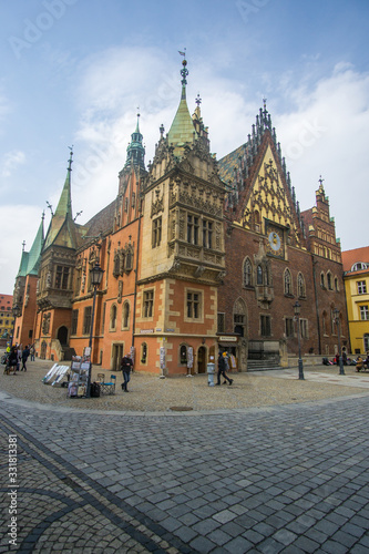 The Market Square in the city center of Wrocław city in Poland. in the picture you see the old colorful buildings and the Old town hall building