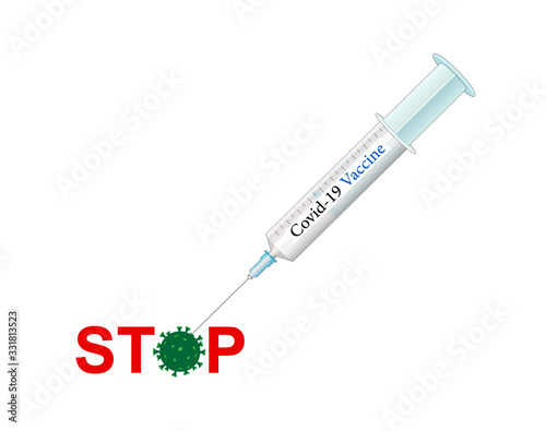 Corona-Virus Stop mit Impfung Medizin Spritze, Injektionsspritze Einwegspritze Medizin Vektor Illustration isoliert auf weißem Hintergrund