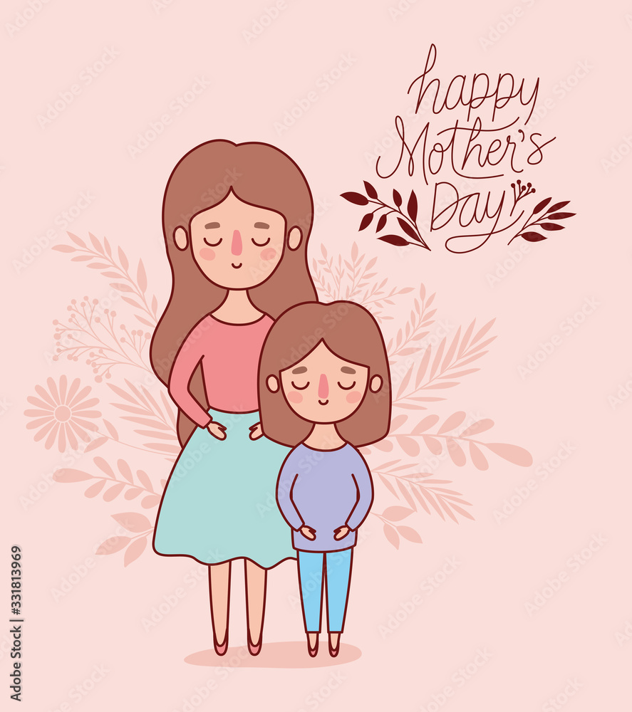 Mother and daughter cartoon with leaves vector design