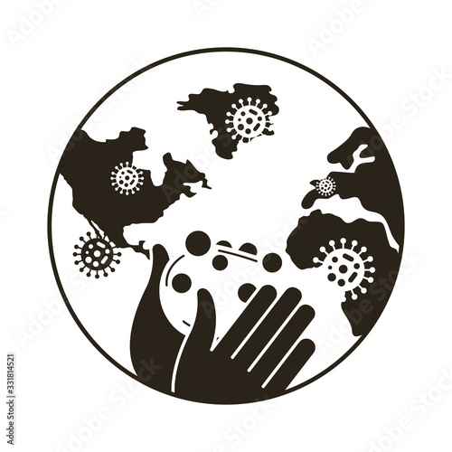 world planet with covid 19 set icons, line style icon vector illustration design
