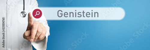 Genistein. Doctor in smock points with his finger to a search box. The word Genistein is in focus. Symbol for illness, health, medicine photo