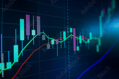 Blue Stock Exchange Market trading graph on screen monitor for economic and financial investment. Business analysis chart display. Stock invest infomation.