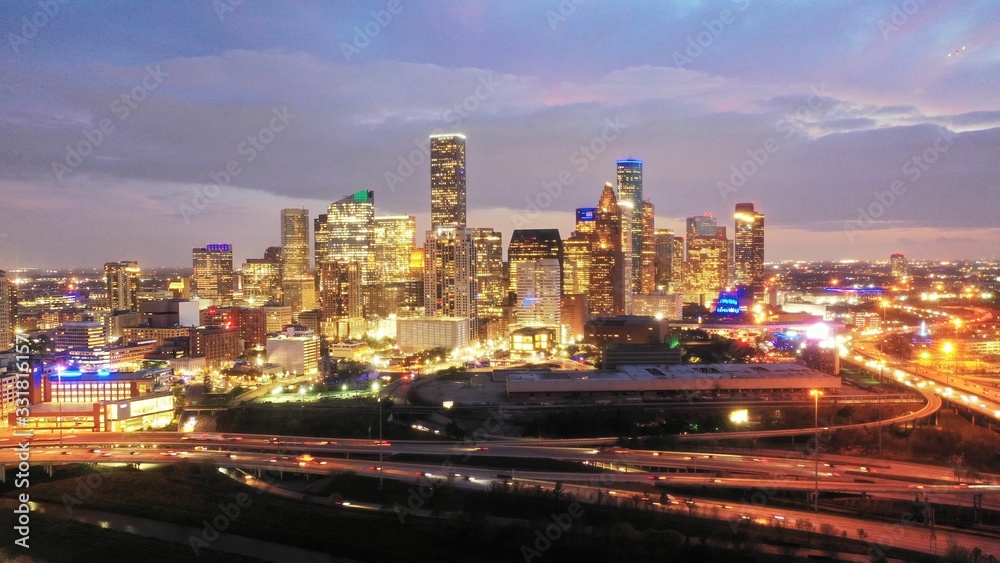 Fototapeta premium Houston's panoramic view of the downtown skyline, towering skyscrapers. 