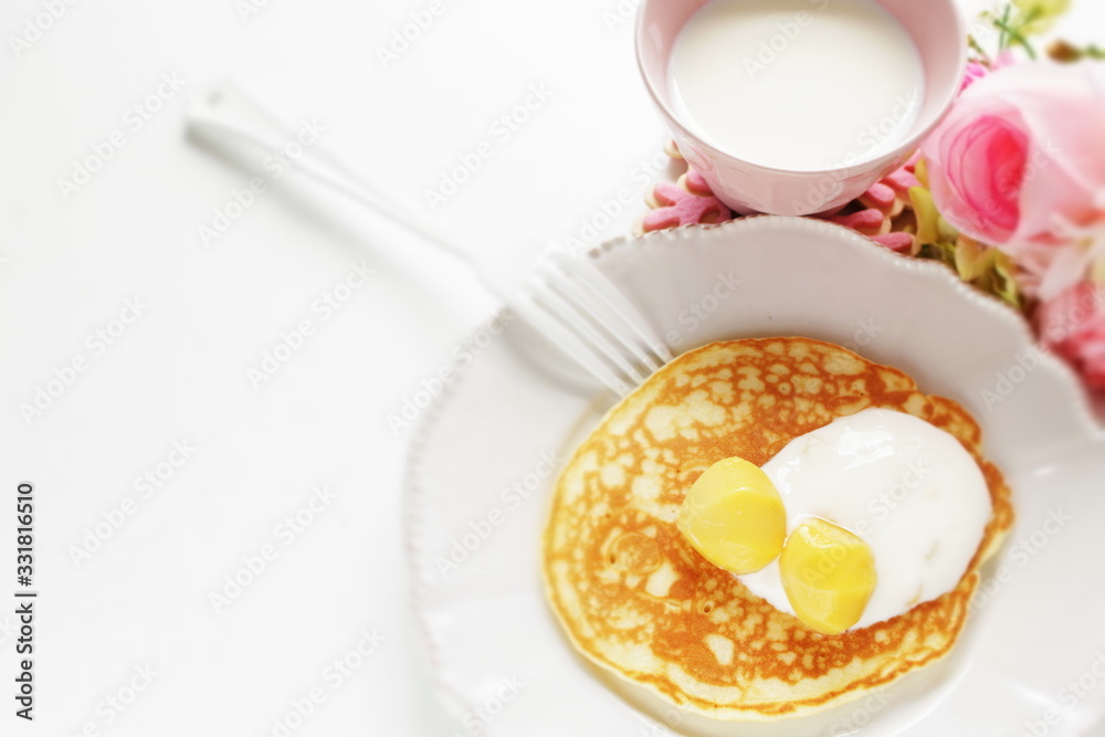 Chestnut and cream on homemade pancake with copy space Chestnut and cream on homemade pancake with copy space