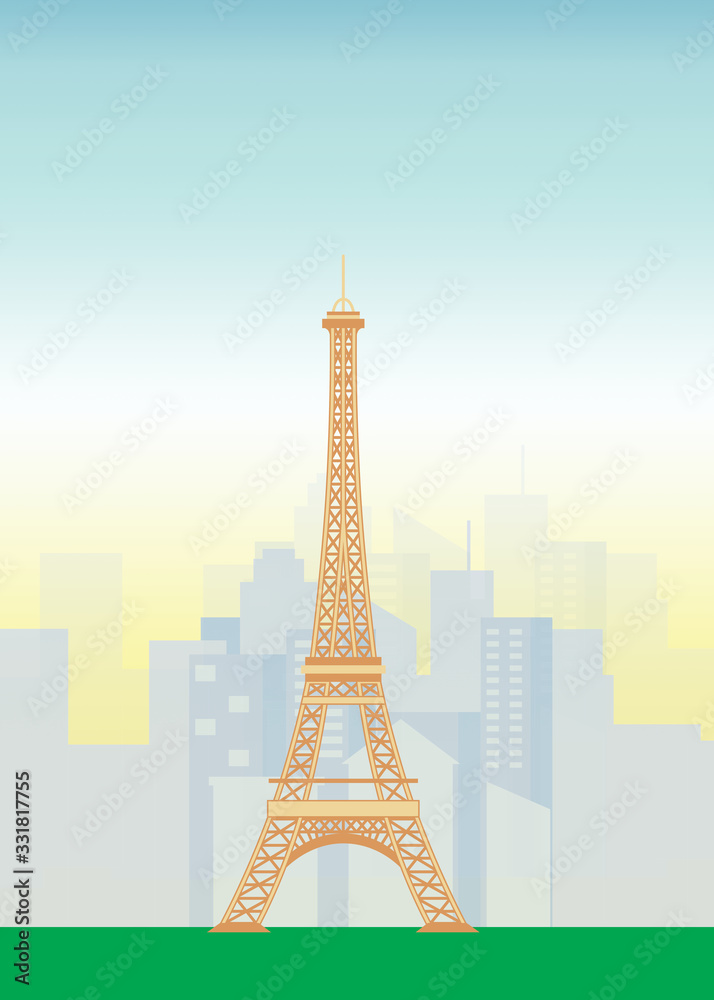 Flat Illustration. Awesome city view on  sunny day at Eiffel Tower, Paris. Enjoy the travel around the world. Quality vector poster. France.