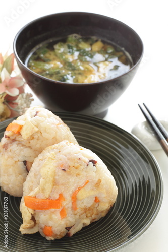 Japanese food, chicken and carrot rice ball on dish