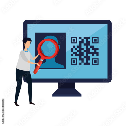 man and computer with qr code isolated icon vector illustration design