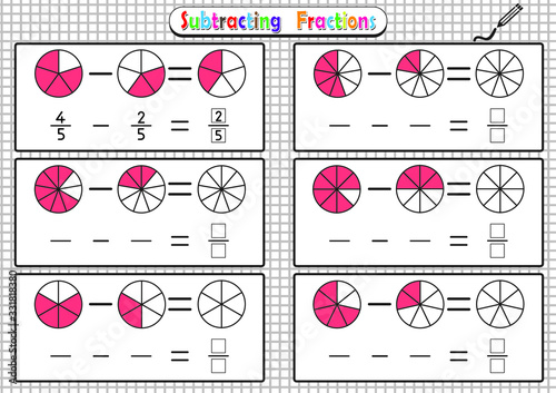 Subtracting Fractions Worksheets, math fraction worksheet for kids, Educational Game