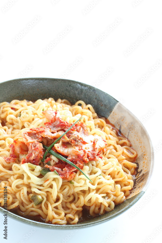 Korean food, spicy ramen noodles and kimchi Korean food, spicy ramen noodles and kimchi