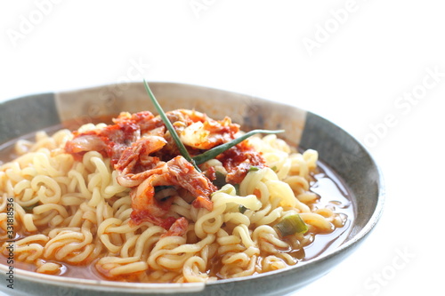 Korean food, spicy ramen noodles and kimchi