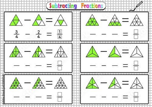 Subtracting Fractions Worksheets, math fraction worksheet for kids, Educational Game