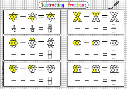 Subtracting Fractions Worksheets, math fraction worksheet for kids, Educational Game