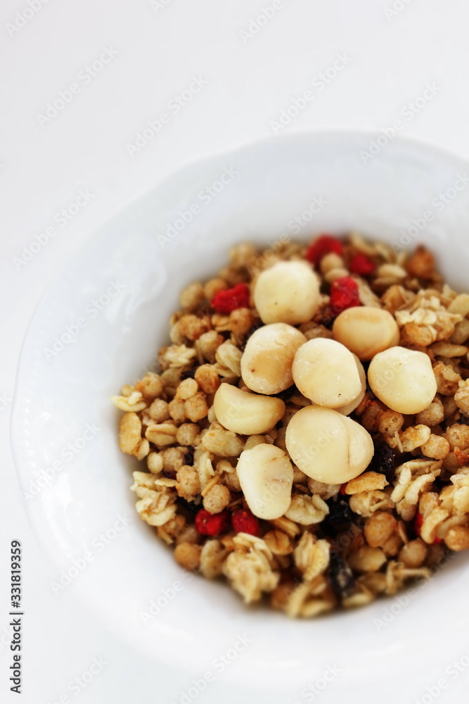 Healthy breakfast, granola celery in blow with copy space Healthy breakfast, granola celery in blow with copy space