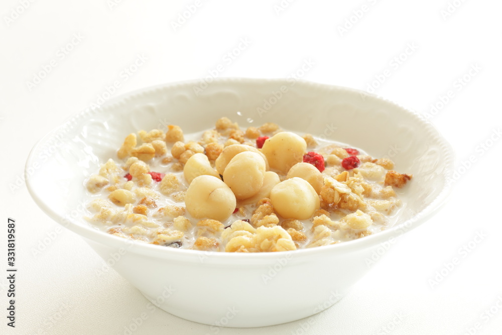 Healthy breakfast, granola celery in blow with copy space Healthy breakfast, granola celery in blow with copy space