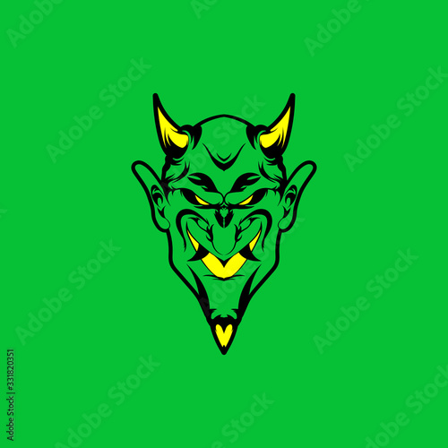 Green Head Devil Illustration, Devil Head with Green Background, Devil with Horn