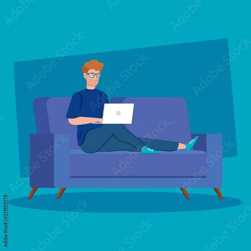 man working in telecommuting with laptop in couch vector illustration design