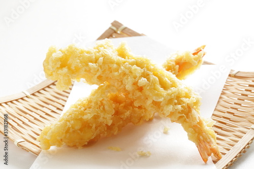 Japanese food, ebi tempura on white background with copy space photo