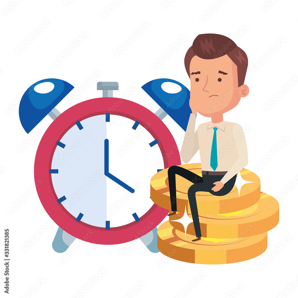 pile coins with businessman and alarm clock vector illustration design