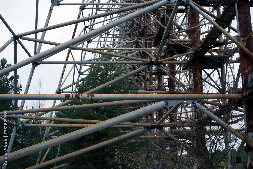 Power plant Duga in Pripyat in Chernobyl. Soviet secret radio tower for intercepting a signal Power plant Duga in Pripyat in Chernobyl. Soviet secret radio tower for intercepting a signal