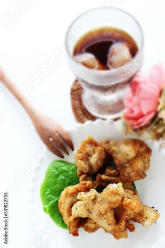 Asian food, fried chicken on dish with copy space