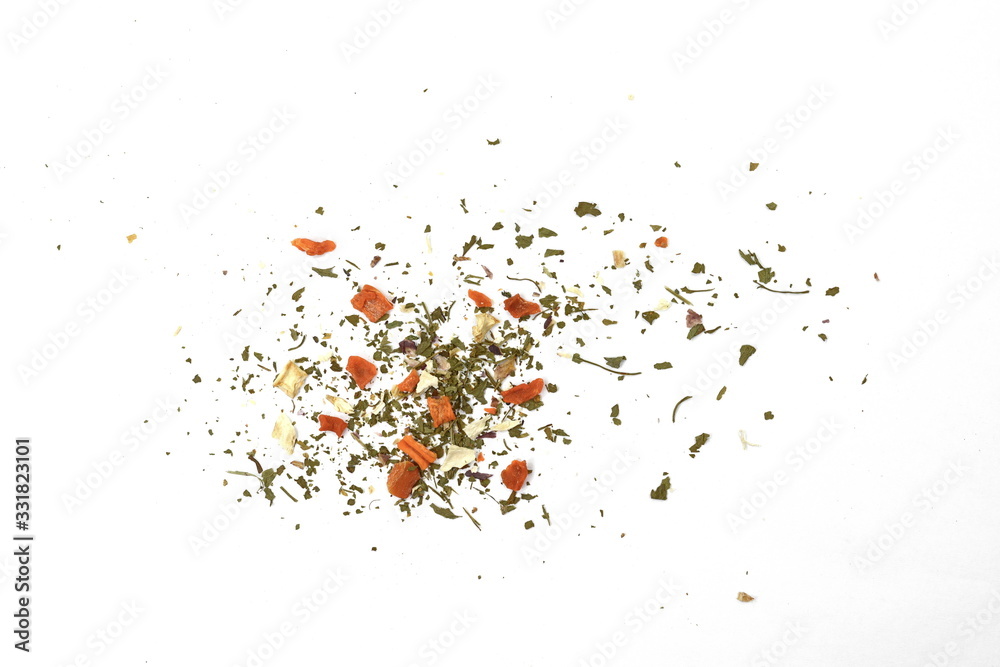 Dry vegetable and spice mix  isolated on white background.