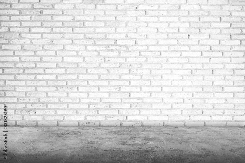 Room interior with white brick wall and concrete floor for background ,blank concrete floor and concrete wall for backdrop montage design
