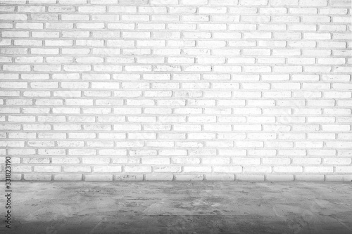 Room interior with white brick wall and concrete floor for background  blank concrete floor and concrete wall for backdrop montage design