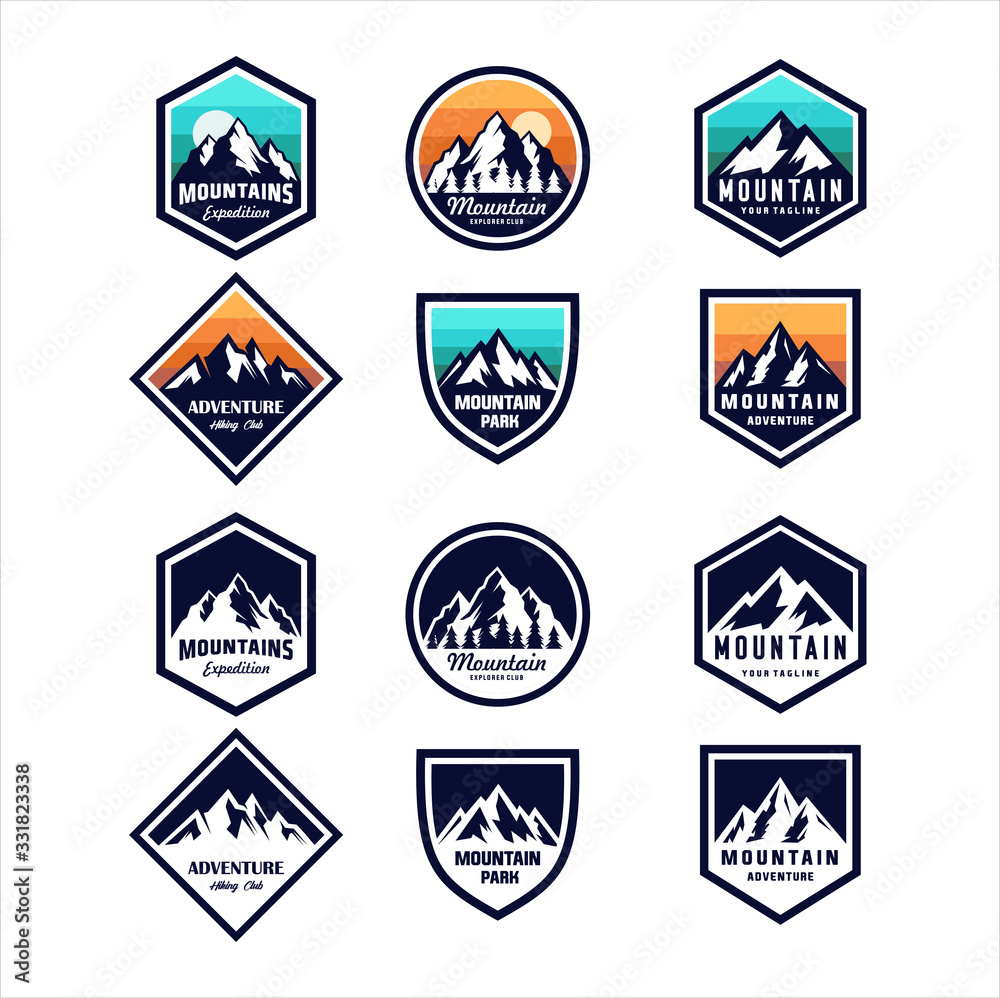 Set of mountain travel emblems. Camping outdoor adventure emblem, badge and logo patch. Mountain tourism, hiking. Set of mountain travel emblems. Camping outdoor adventure emblem, badge and logo patch. Mountain tourism, hiking.