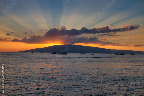 View from Lahaina harbor out to Lanai on the island of Maui.