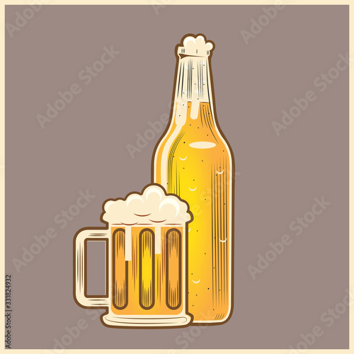Beer glass and Bottle Vintage style