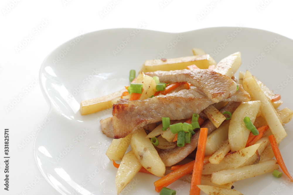 Pork neck meat and potato stir fried for asian food Pork neck meat and potato stir fried for asian food
