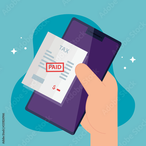 tax day poster with hand user smartphone and document paid vector illustration design