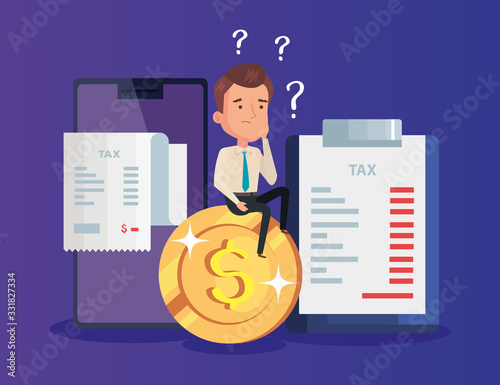 tax day poster with businessman and icons vector illustration design