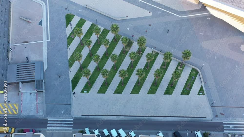Aerial top view over palm trees urban area Montpellier Pierre vive modern graphic district  