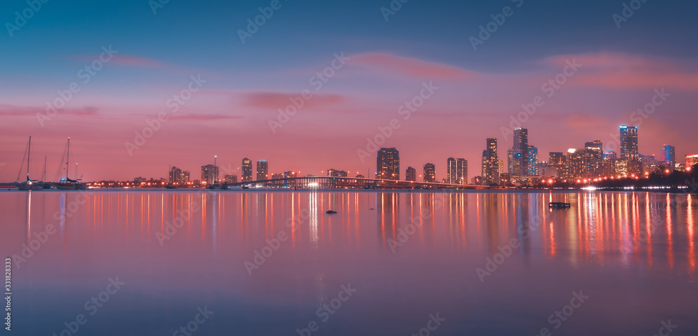 city night sunset lights lighting buildings sea ocean water sky cityscape river miami florida sunrise architecture lake downtown impressions blue panorama dawn