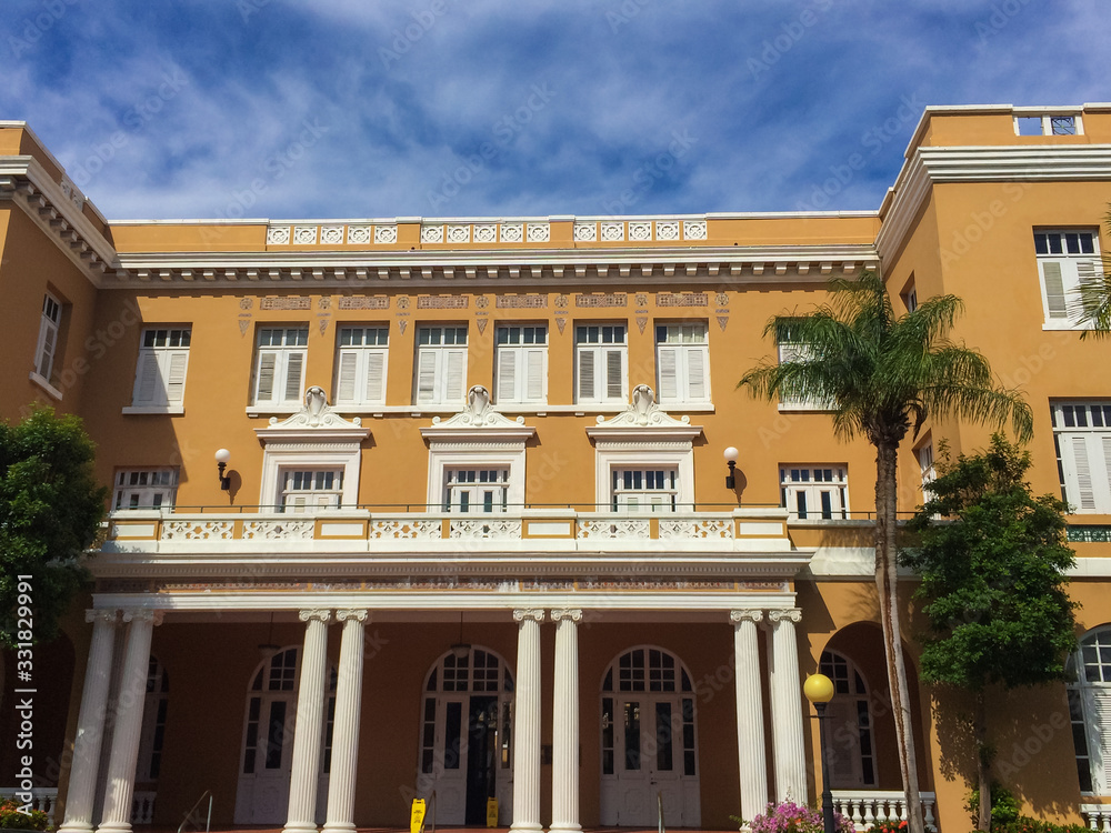 Naklejka premium Puerto Rico - Abr 2017 San Juan, Puerto Rico's capital, third oldest European capital city in the Americas, tourism attraction with several historical buildings and different architecture styles
