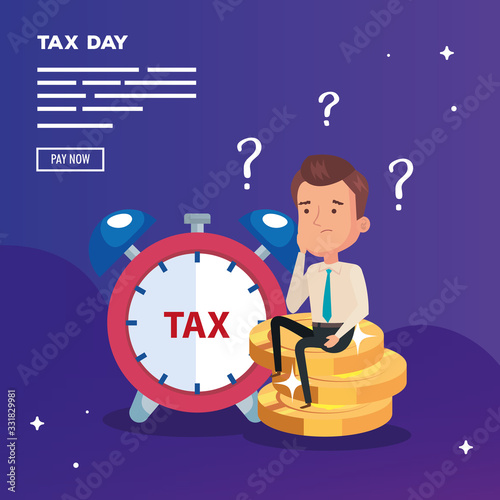 tax day poster with businessman and icons vector illustration design