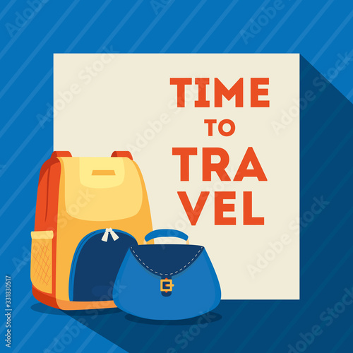 travel poster with bagpack and bag female vector illustration design