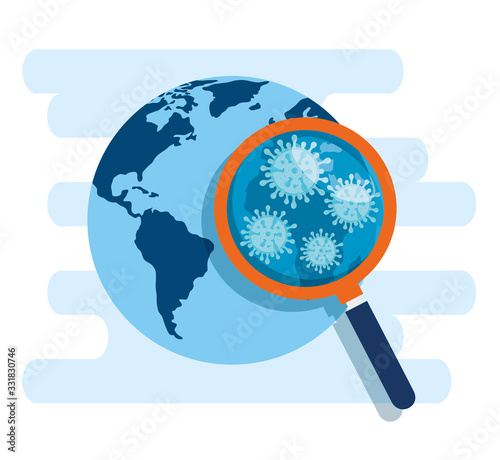 world planet with covid 19 in magnifying glass vector illustration design