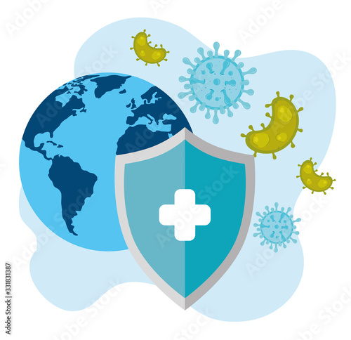 world map with covid 19 and shield protection vector illustration design