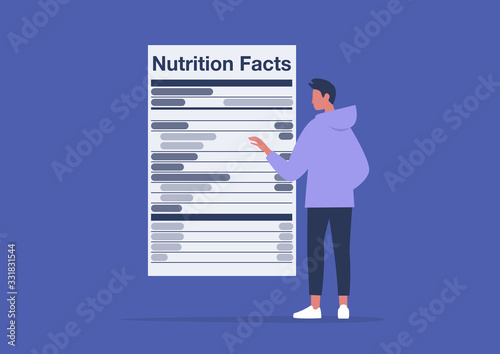 Nutrition facts, added sugar, healthy lifestyle, balance of ingredients in daily ration, young male character reading a product label