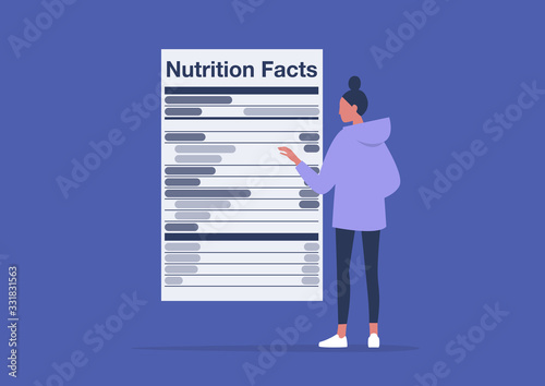 Nutrition facts, added sugar, healthy lifestyle, balance of ingredients in daily ration, young female character reading a product label