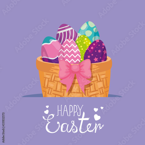 happy easter card with eggs decorated in basket wicker vector illustration design