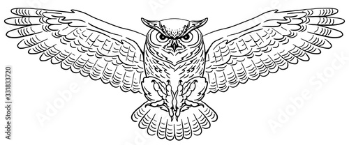 Swooping Great Horned Owl. Hand-drawn vector illustration. Line art.