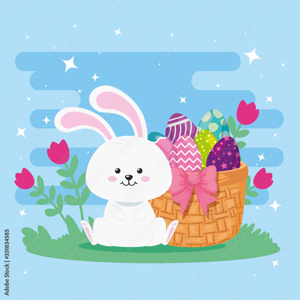 Fototapeta premium rabbit with eggs easter in basket wicker and decoration vector illustration design