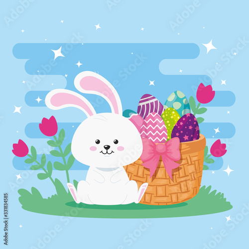 rabbit with eggs easter in basket wicker and decoration vector illustration design