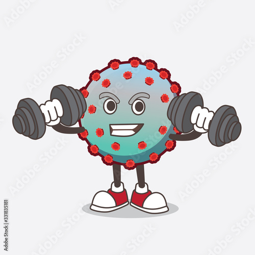 Virus cartoon mascot character on fitness exercise trying barbells